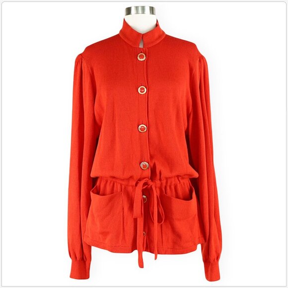 St. John Vintage Dark Orange Cardigan Sweater Puff Sleeve Belted Button Front 12 - Picture 2 of 5